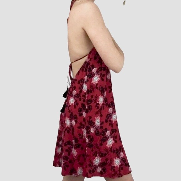 EXPRESS RED FLORAL TASSEL HALTER MINI DRESS BOHO GYPSY FLORAL DRESSS - Picture 1 of 16